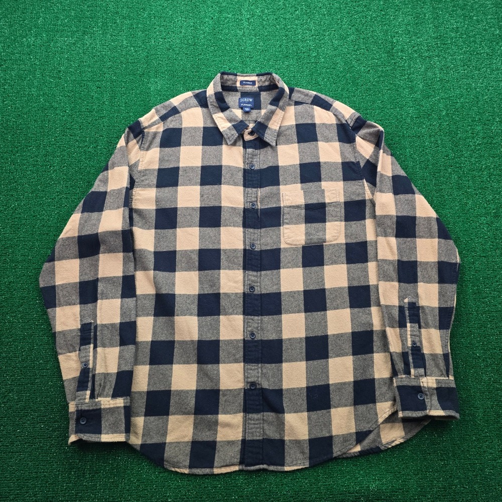 J.Crew Flannel Shirt‎ Mens 2XL Black Beige Plaid Button Up Long Sleeve Classic